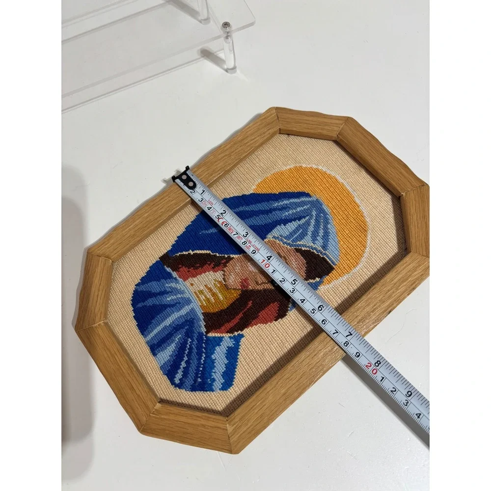 VTG Needlepoint‎ Wall Art Blue Good Virgin Mary Octagon Wood Frame